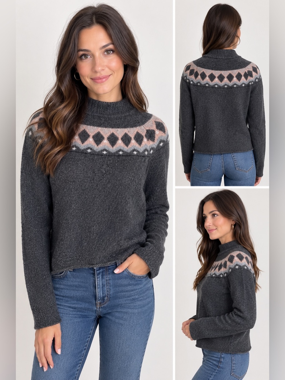 Barbour Carston Knit Sweater wool blend fair isle mock neck argyle womens 10